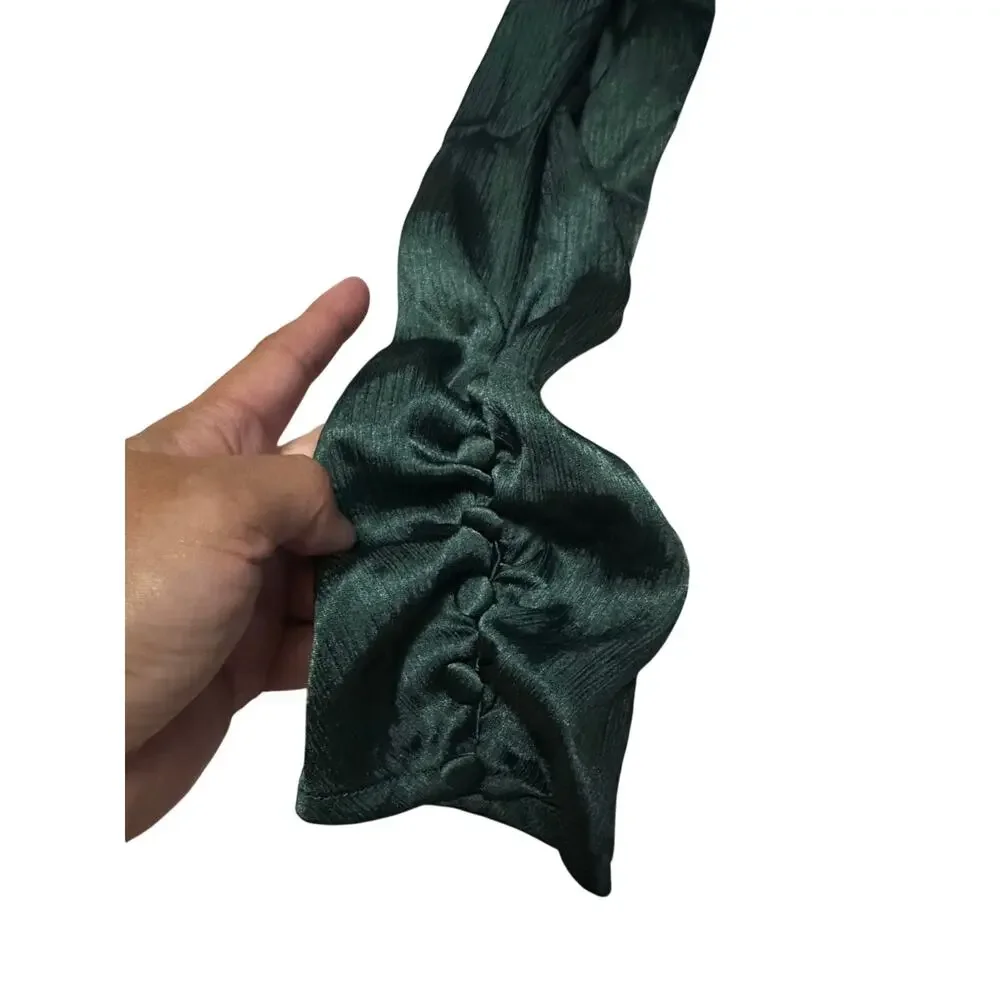 Free People Smocked Waist Satin Crop Top Blouse Emerald Green Long Sleeve XS